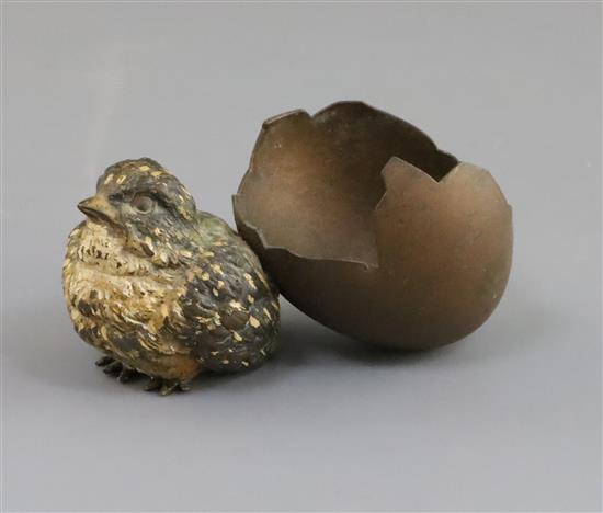 A 19th century Austrian cold painted bronze chick and eggshell vase, 3.5in.